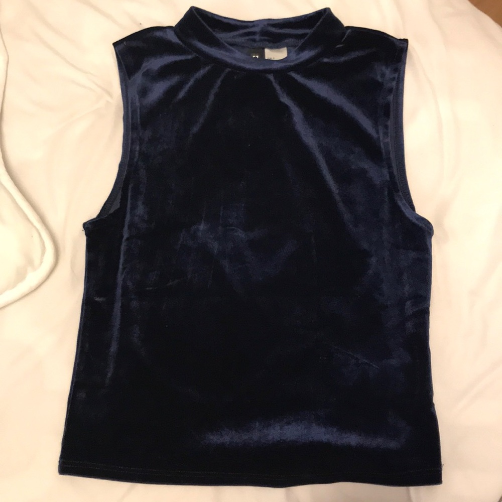 Blue velvet mock neck crop top